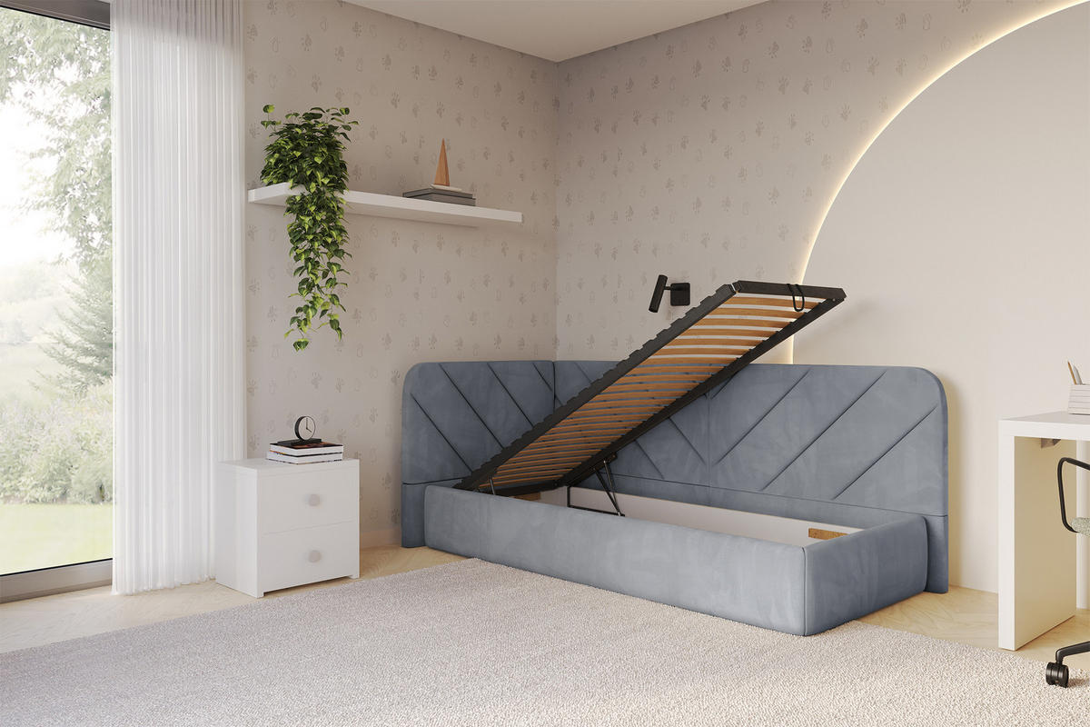 EINZELLBETT Jugendbett mit Bettkasten und Matratze H3/H4, Rechts - FIKY 80x200 Grau - Blaugrau, Holzwerkstoff/Textil (80/200cm) - ALTDECOR