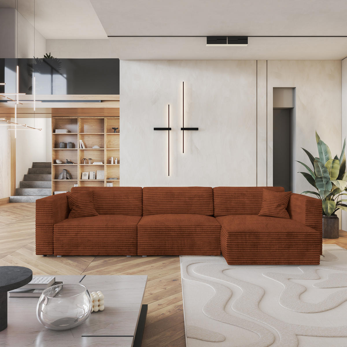 ECKSOFA TOLMO Braun Kordstoff mit Schlaffunktion - Braun/Grau, Holz/Kunststoff (347/148cm) - MASSENO