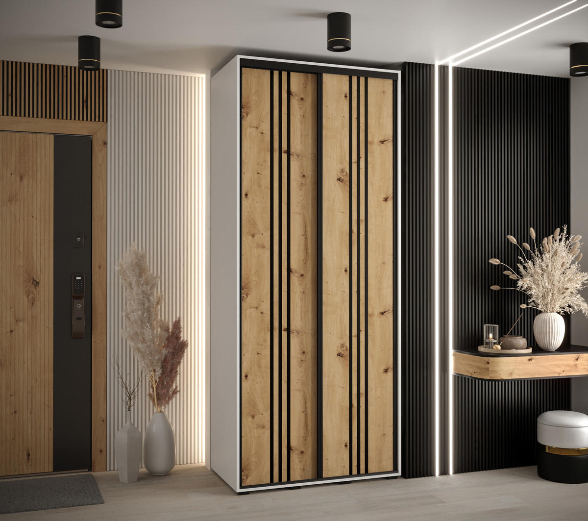 SCHWEBETÜRENSCHRANK 235,2/100/60 2-türig - Schwarz/Eiche Artisan, Holz/Metall (100/235/60cm) - Abiks Möbel