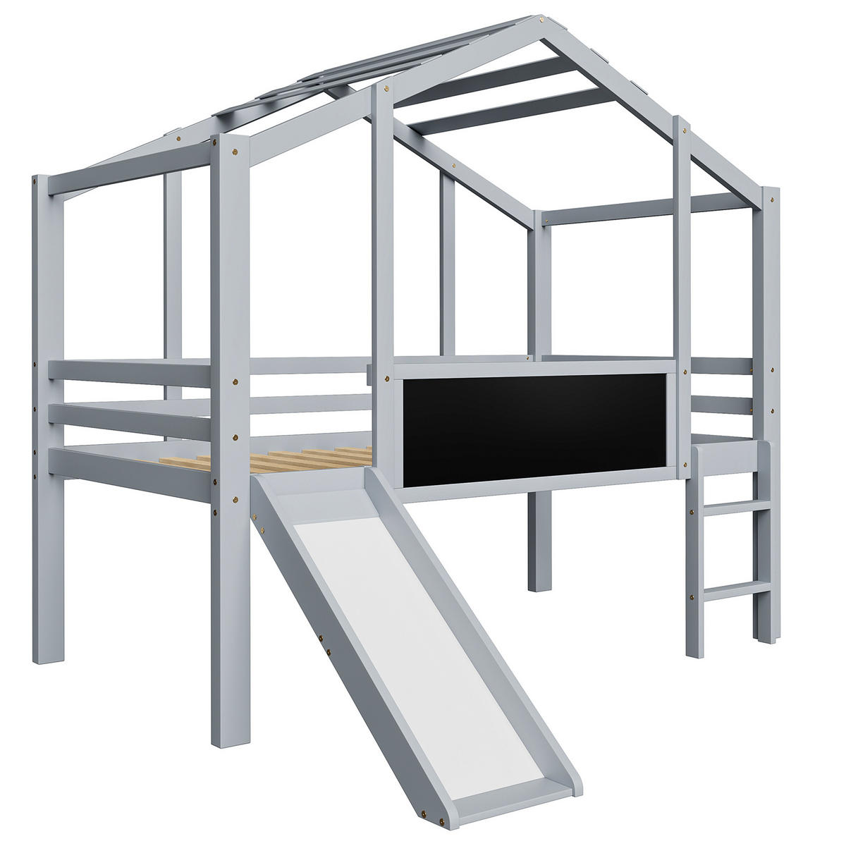 KINDERBETT 90/200 cm Dachboden-Design mit Rutsche und Tafel aus Massivholz Grau - Grau, Holz (90/200cm) - OKWISH