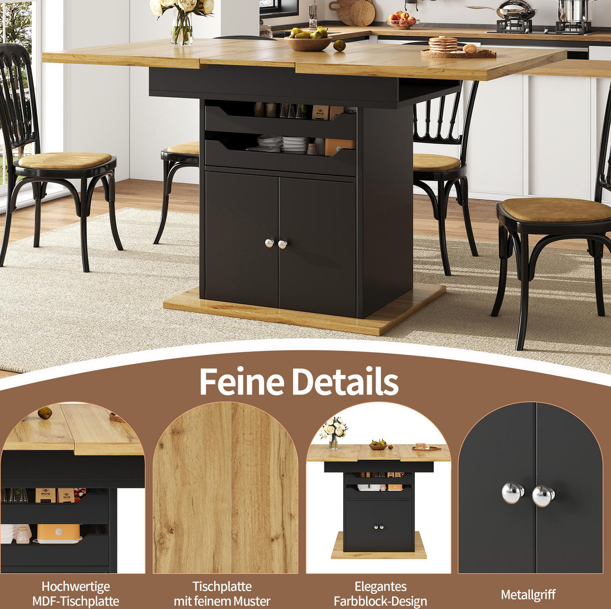 ESSTISCH 110-140/80/76 cm ausziehbar mit Stauraum, 2 Schubladen und Schrank, Schwarz - Schwarz, Holzwerkstoff (110/80/76cm) - Redom