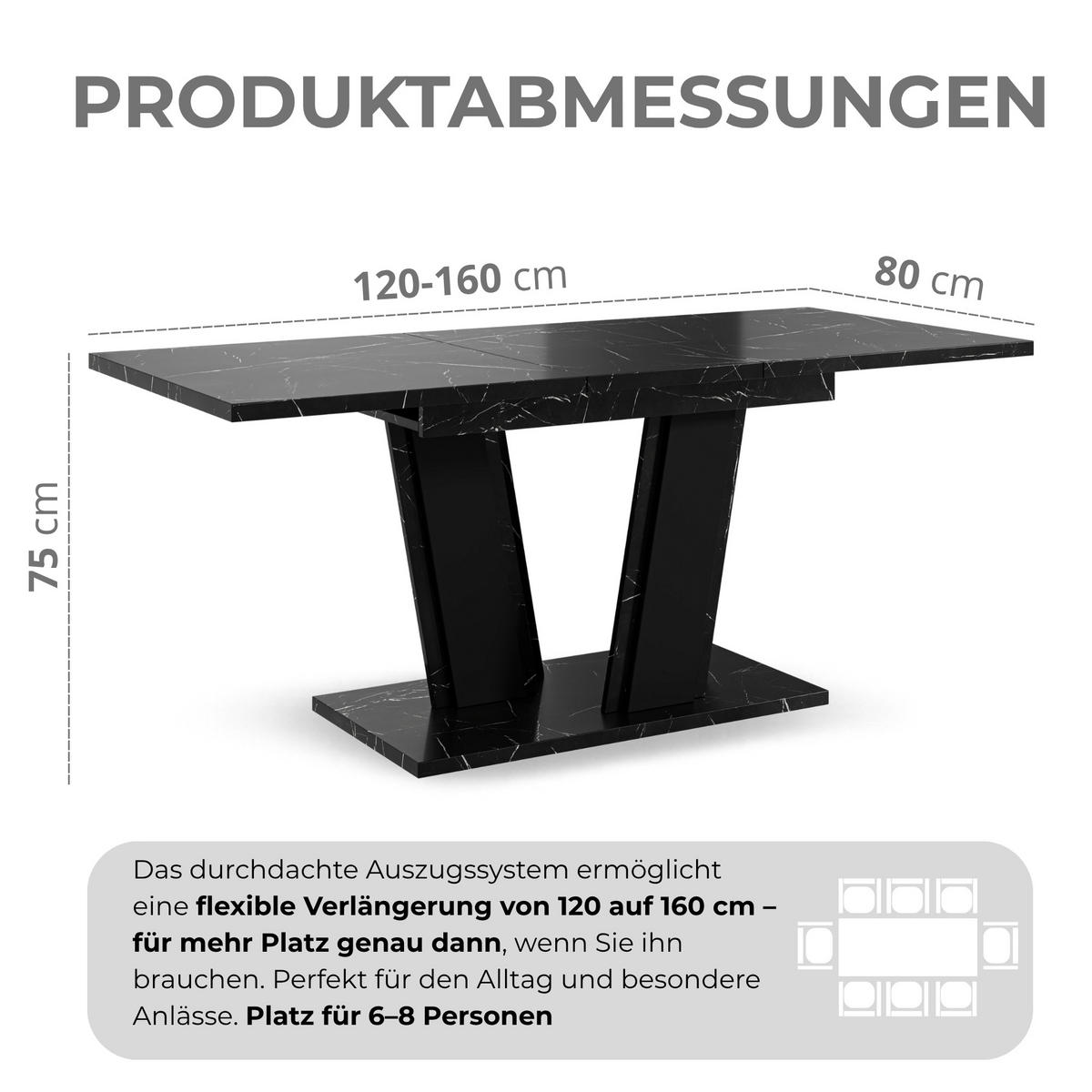 ESSTISCH Ausziehbar von 120 bis 160 cm in Schwarzer Marmor-Optik - Schwarz Hochglanz, Holzwerkstoff (80/160/75cm) - Home Collective