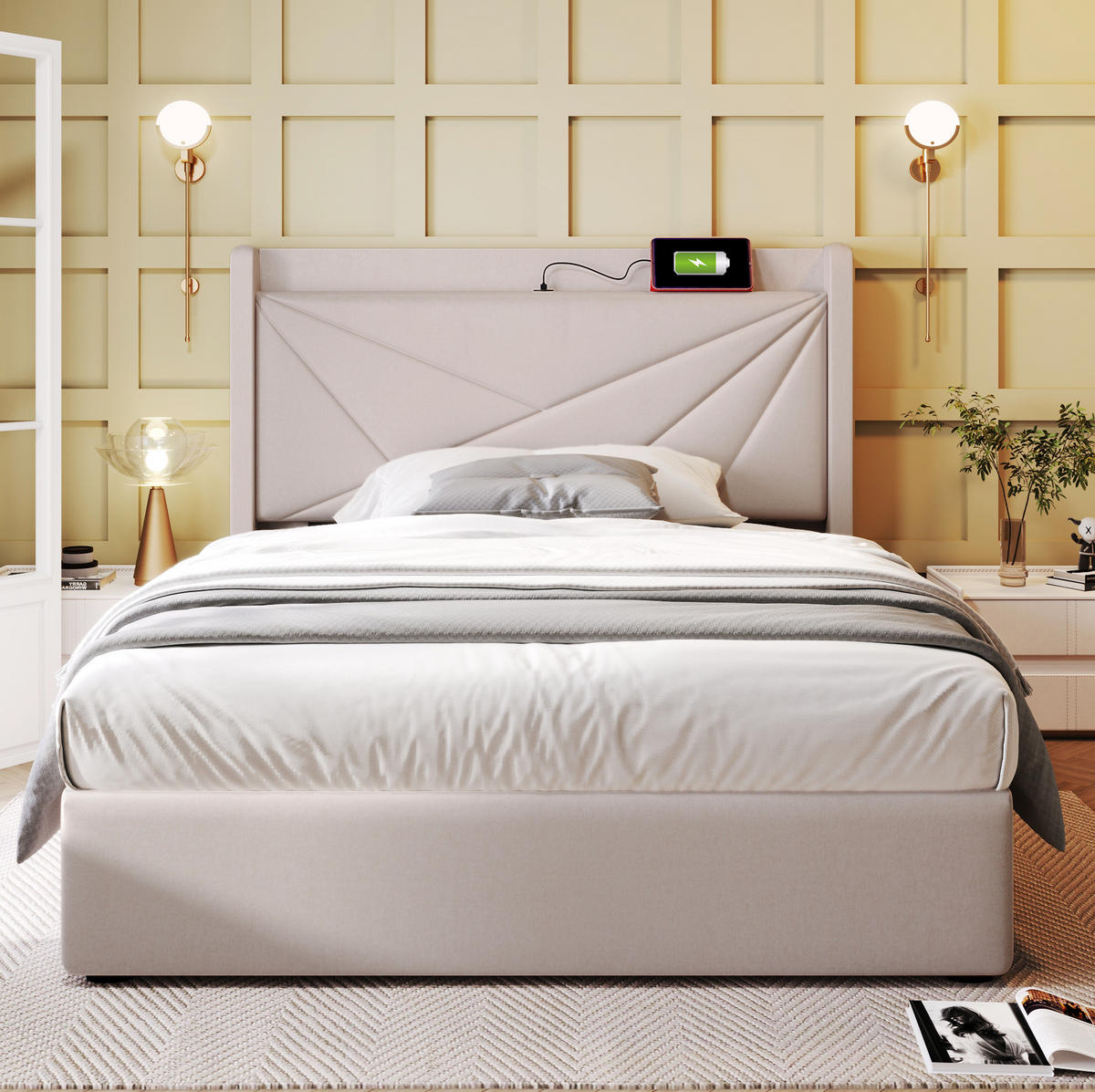 POLSTERBETT 90/200 cm mit Bettkasten, USB/Typ-C und gepolstertem Kopfteil - Beige, Textil (90/200cm) - BEAOK