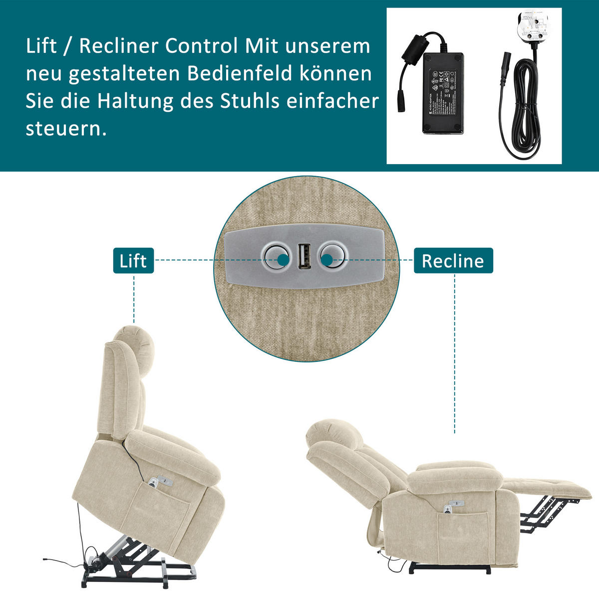 MASSAGESESSEL Stoff Beige mit Massagefunktion, Heizfunktion, USB und Hebefunktion - Beige, Holzwerkstoff/Textil (95/107/94cm) - WISHDOR