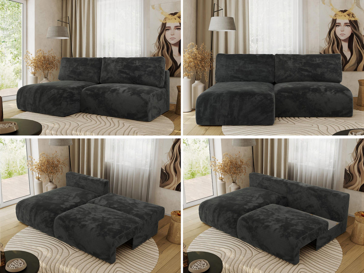 ECKSCHLAFSOFA VIVO L Dunkelgrau Plüsch - links - Dunkelgrau/Schwarz, Kunststoff/Textil (223/150cm) - MKS
