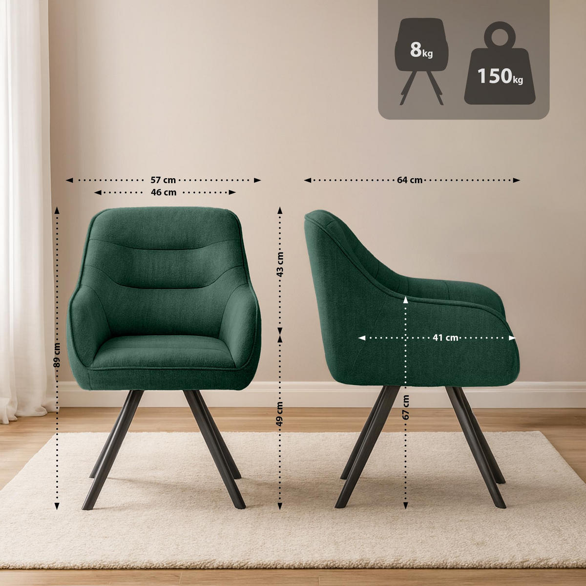 ESSZIMMERSTUHL Stoff Grün - Schwarz/Grün, Textil/Metall (57/89/64cm) - CLP