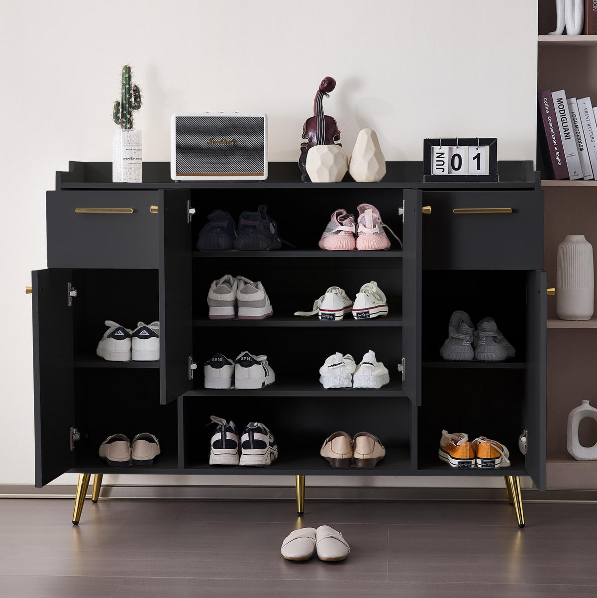 SCHUHSCHRANK 130/37/100 cm in Schwarz mit 2 Schubladen und 4 Türen - Schwarz, Holzwerkstoff (130/100/37cm) - Flora Grace