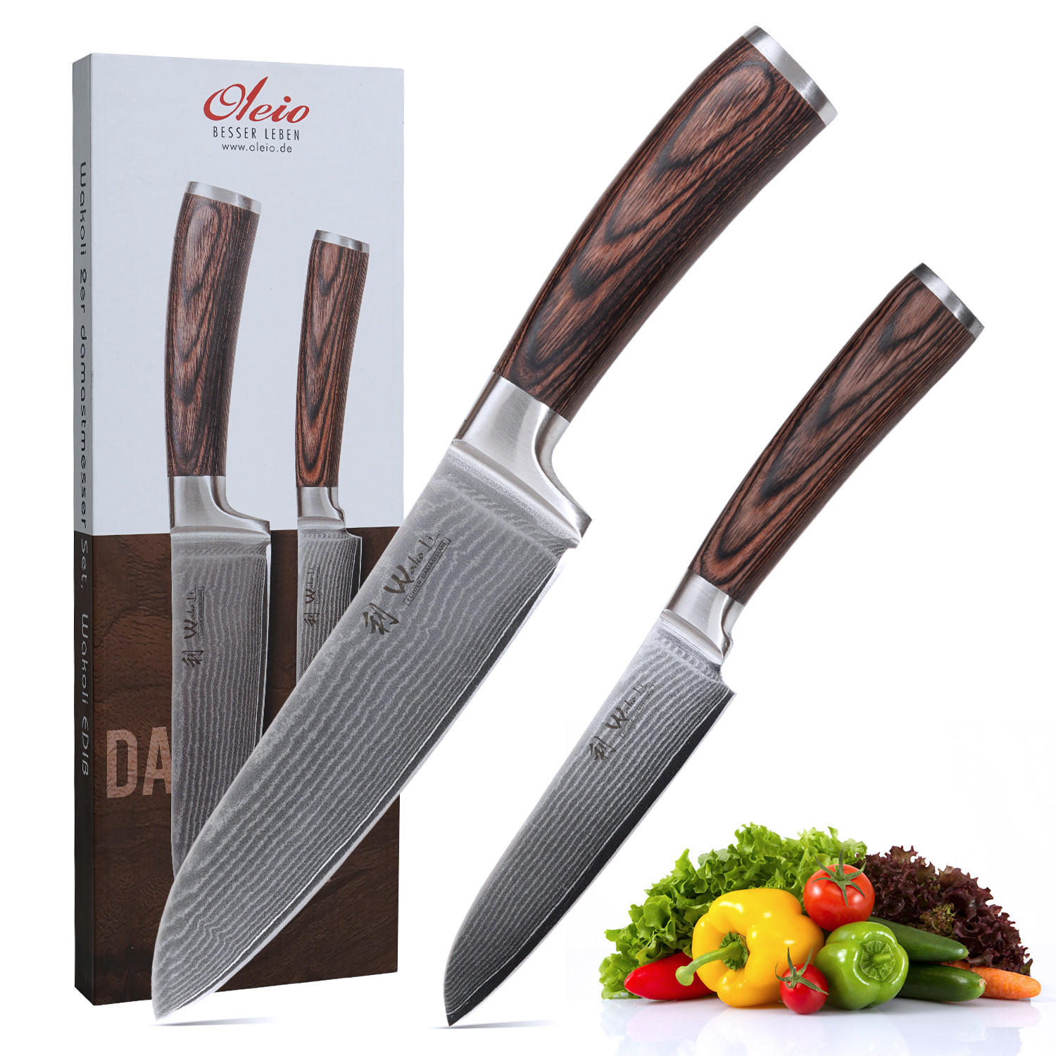 SANTOKU Damastmesser-Set I EDIB - Braun, Holz/Metall - Wakoli