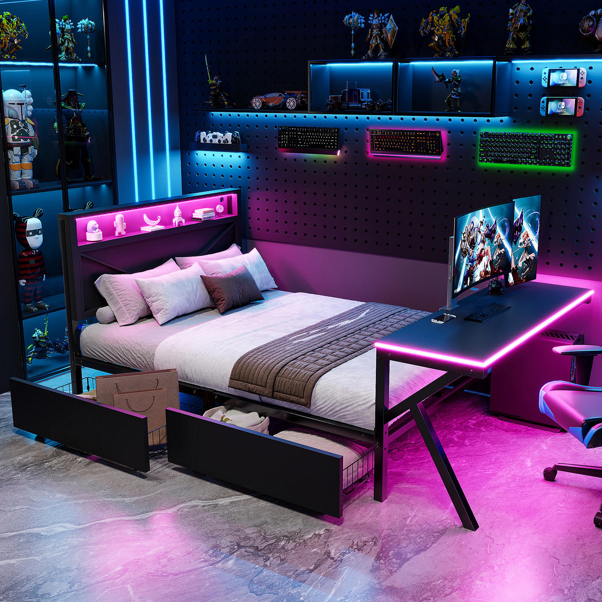 METALLBETT 140/200 cm Rot mit LED-Kopfteil, LED-Schreibtisch und 2 Schubladen - Schwarz, Metall (140/200cm) - Oxeza