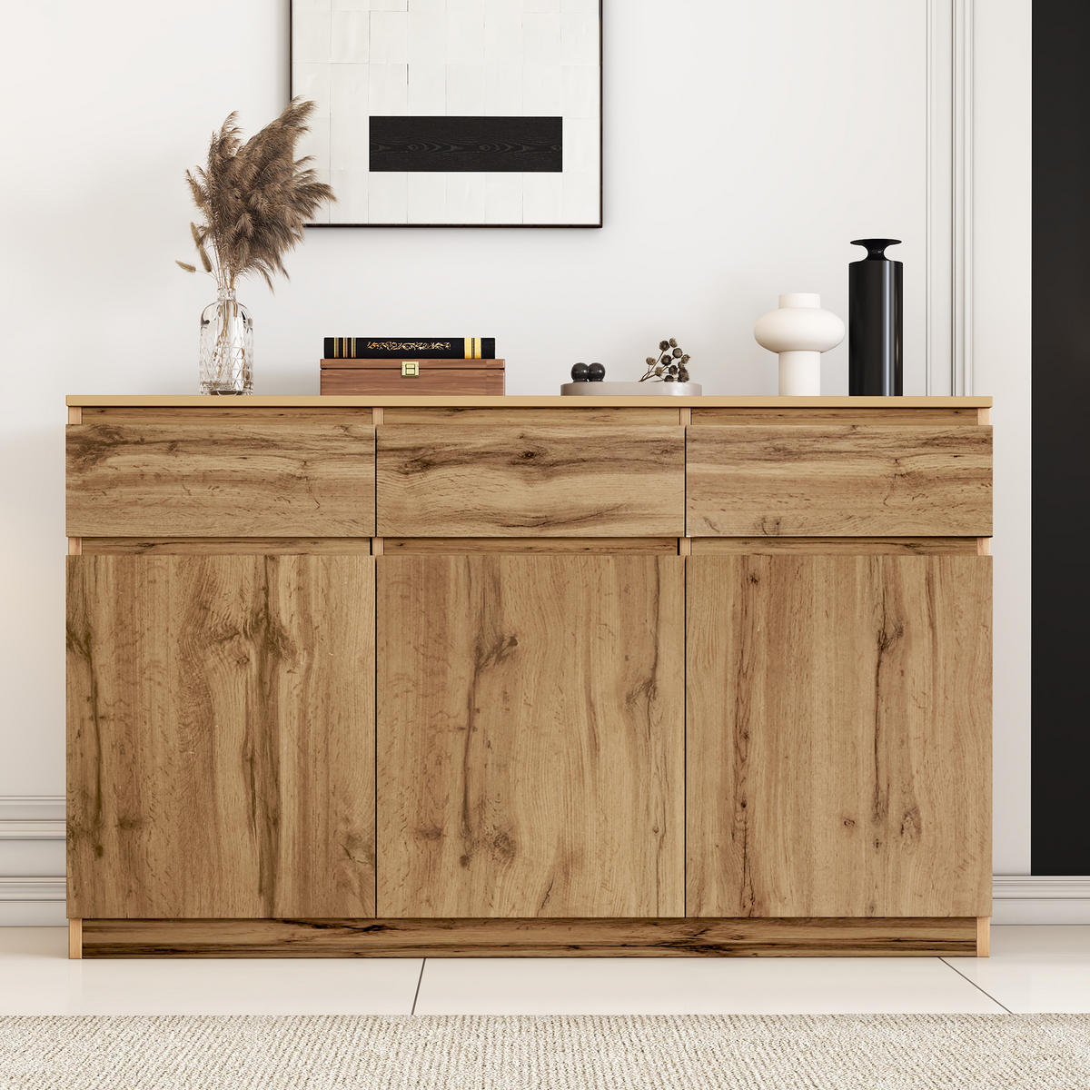 SIDEBOARD in Naturfarben Anrichte mit 3 Türen und 3 Schubladen für Wohnzimmer, B135/T40/H81cm - Naturfarben, Holzwerkstoff (135/81/40cm) - STILVORA