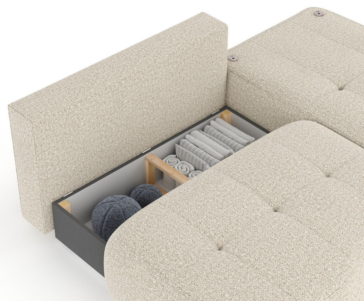 ECKSOFA MIT SCHLAFFUNKTION Batu Beige Plüschstoff - Beige/Schwarz, Holz/Holzwerkstoff (223/158cm) - Maison de Reve