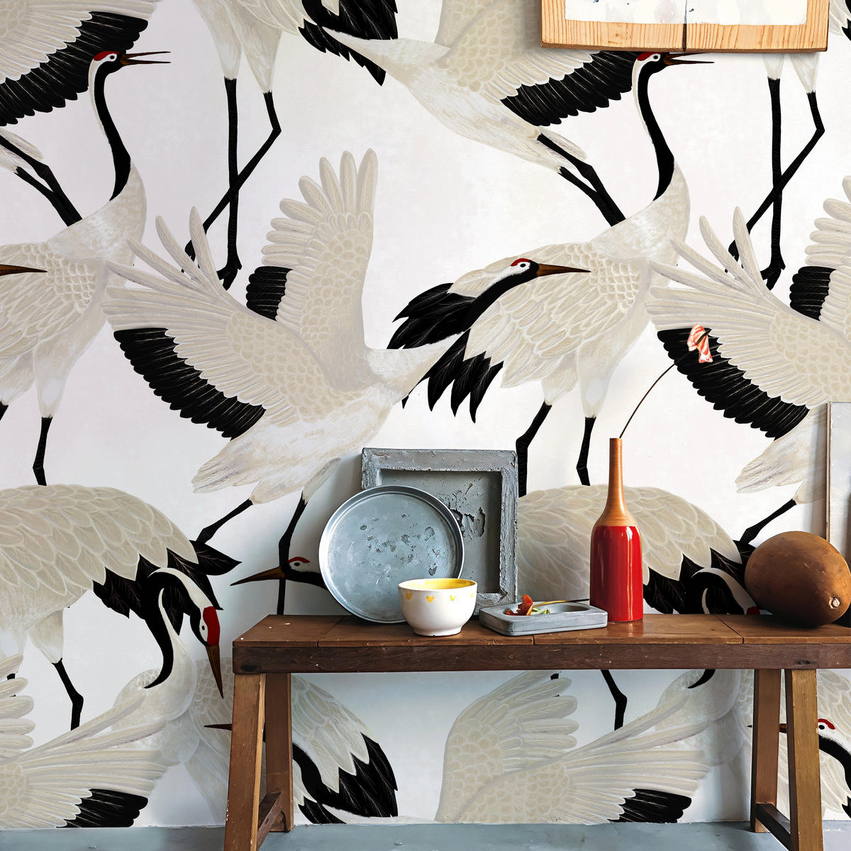 TAPETE Reiher aus echtem Papier, 200x280cm, 8 Bögen - Weiß, Papier (200/280cm) - WALLPAPERS4BEGINNERS