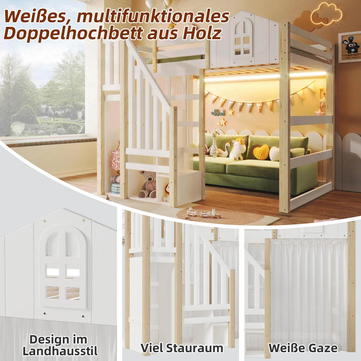 HOCHBETT 140/200 cm Weiß mit LED-Beleuchtung aus Kiefernholz mit Ablageleiter - Weiß, Holzwerkstoff (140/200cm) - OKWISH