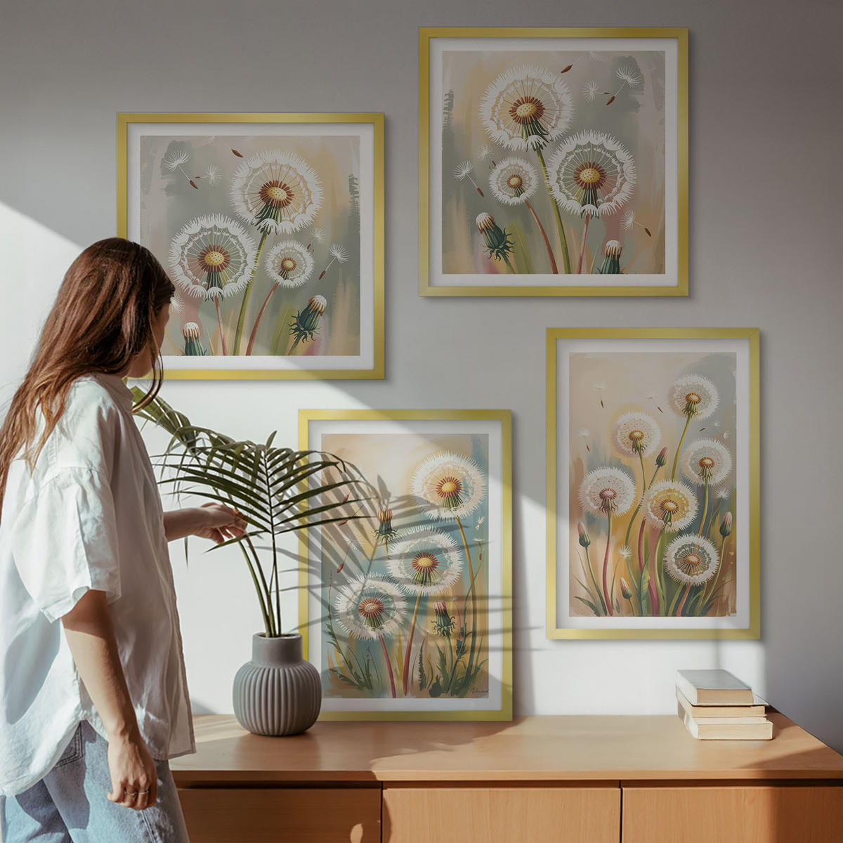 BILDER SET 4er Set - 50x50 cm & 40x60 cm Goldrahmen - Löwenzahnblüten, pastellfarbene Gräser - Goldfarben, Kunststoff (50/50cm) - TULUP