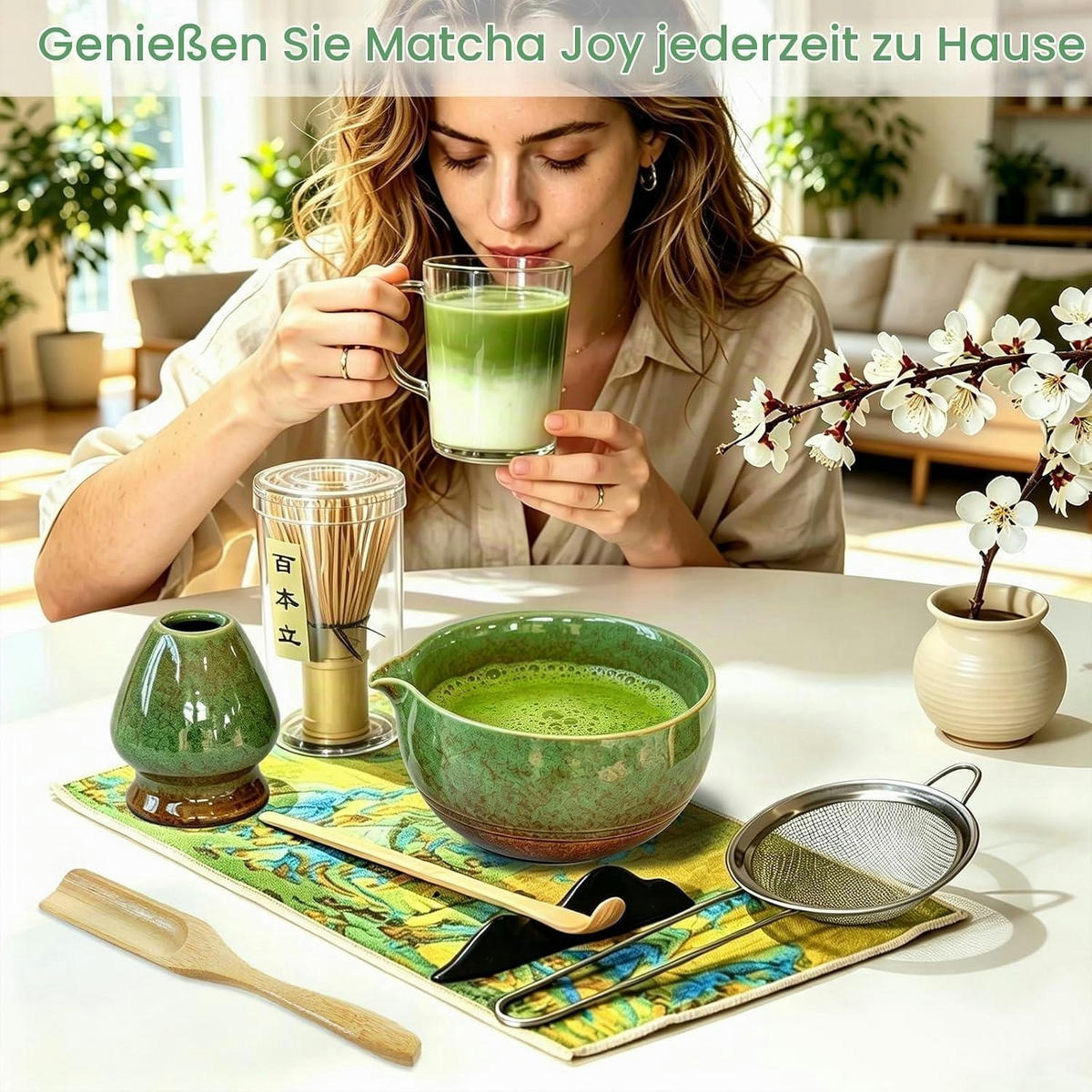 MATCHA Set 8-teiliges Premium Tea Set mit Bambus-Chasen Grün - Grün, Keramik (13/10.5/13cm)