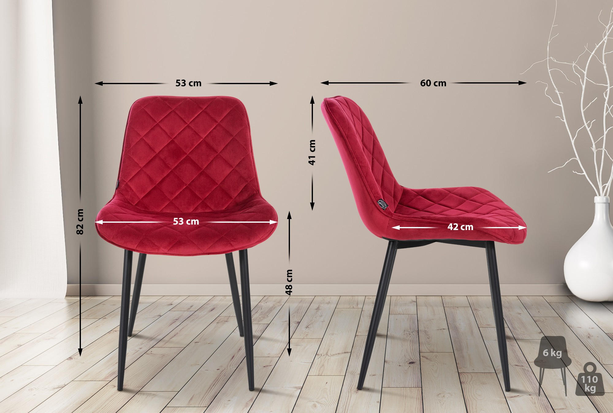 STUHL Samt Rot - Rot/Schwarz, Textil/Metall (53/82/60cm) - CLP