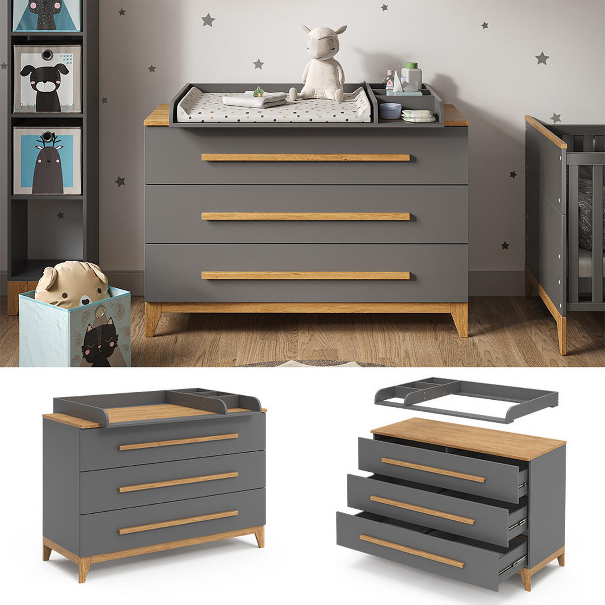 WICKELKOMMODE Malia Grau 133 x 98 cm XL mit 3 Schubladen - Grau, Holzwerkstoff (133/98/70cm) - VitaliSpa