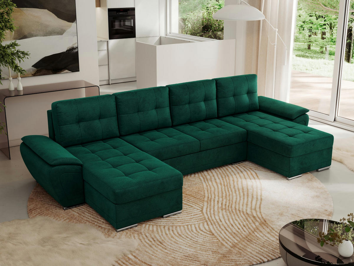 WOHNLANDSCHAFT UMBRIA U Dunkelgrün Velvet - Dunkelgrün/Grau, Textil/Metall (336/85/157cm) - MKS