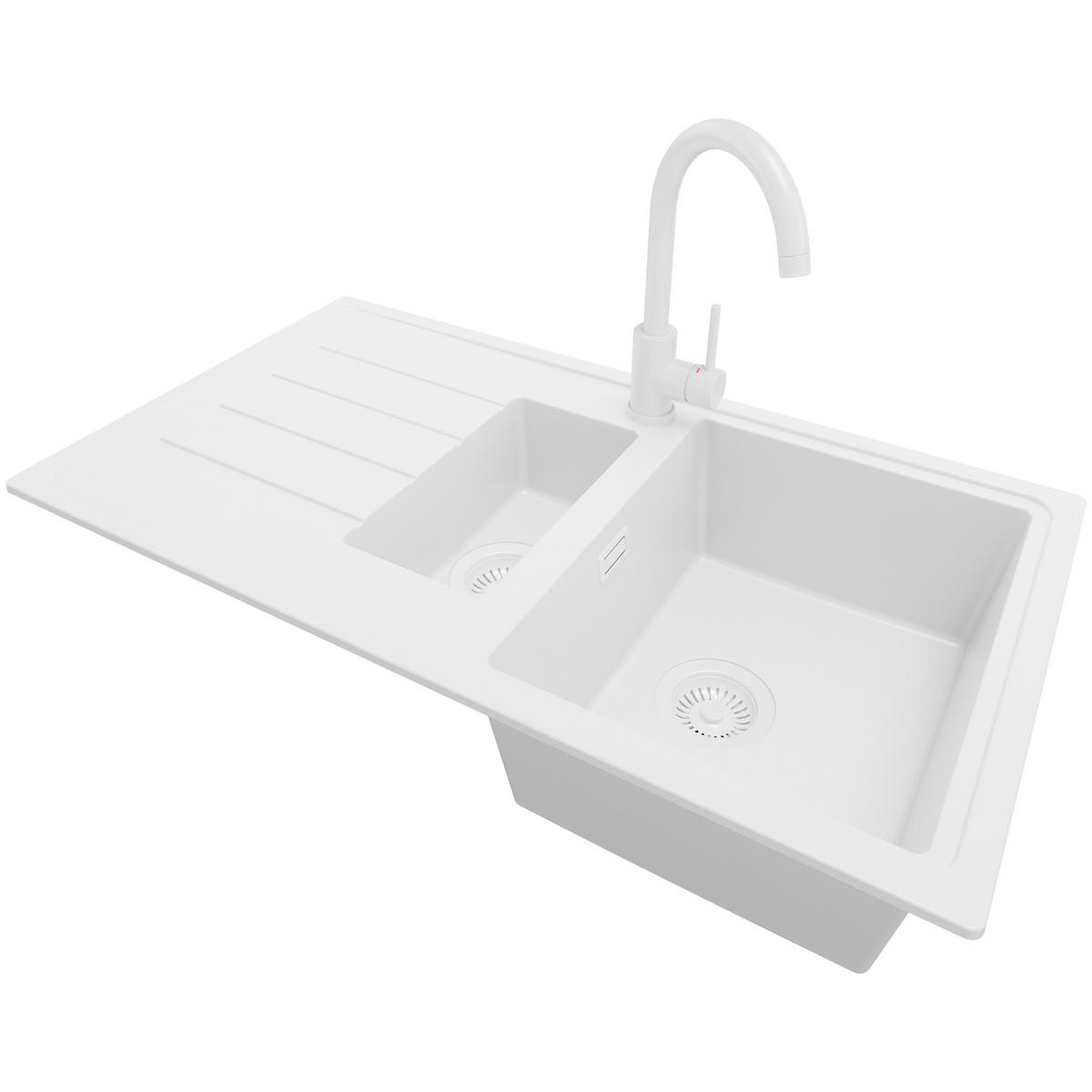 GRANITSPÜLE Kopenhagen Duo, 2-er set Alles Weiß 90/50 cm 1,5 Becken + Küchenarmatur 32/20 cm + Ablauf-Set ab 60er Unterschrank - Weiß, Kunststoff (90/19/50cm) - Primagran