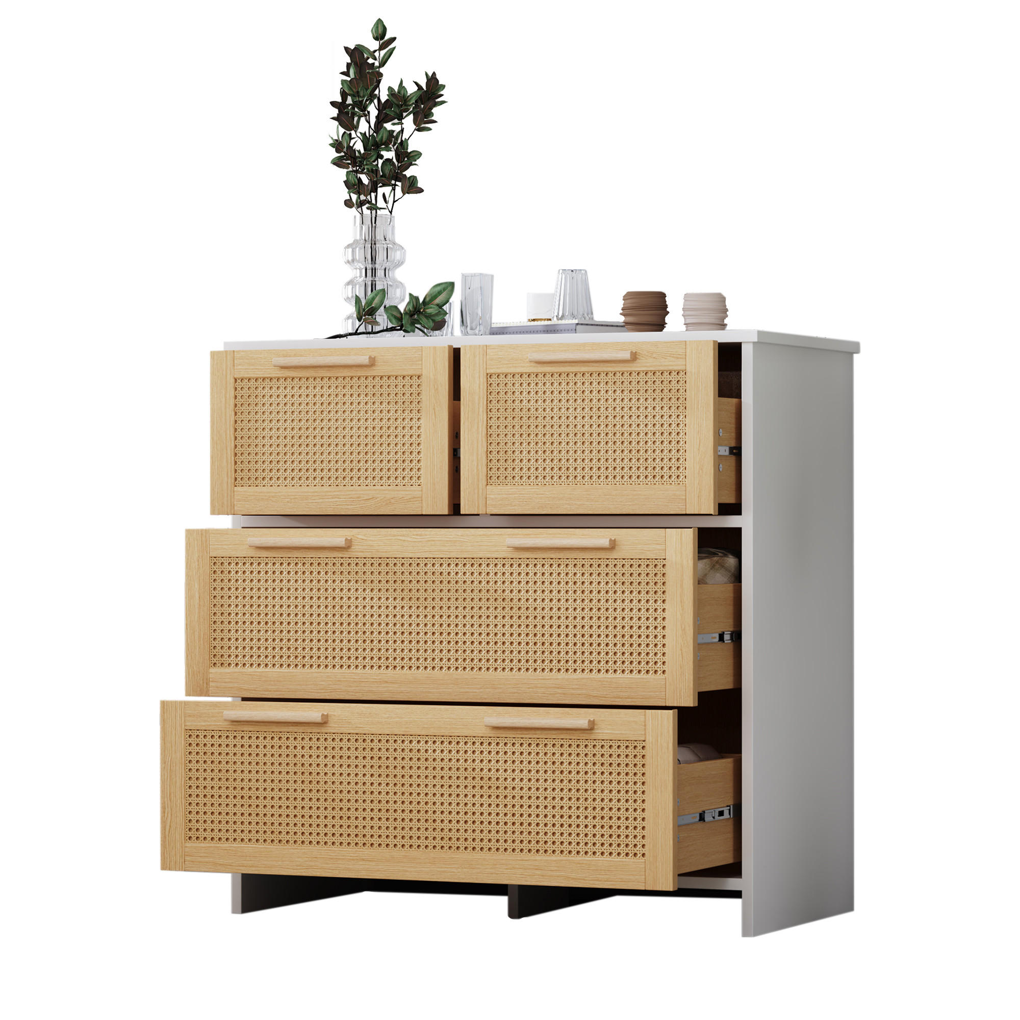 KOMMODE Rattan 4 Schubladen Massivholz 80x38x80cm - Multicolor, Holzwerkstoff (80/38/80cm) - FLIEKS