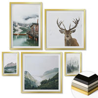 WANDBILDER 5er Set - 50x50 cm & 20x30 cm & 40x60 cm Goldrahmen - Berge, See, Hirsche, Hütte, Nebel - Goldfarben, Kunststoff (40/60cm) - ArtPrintCave
