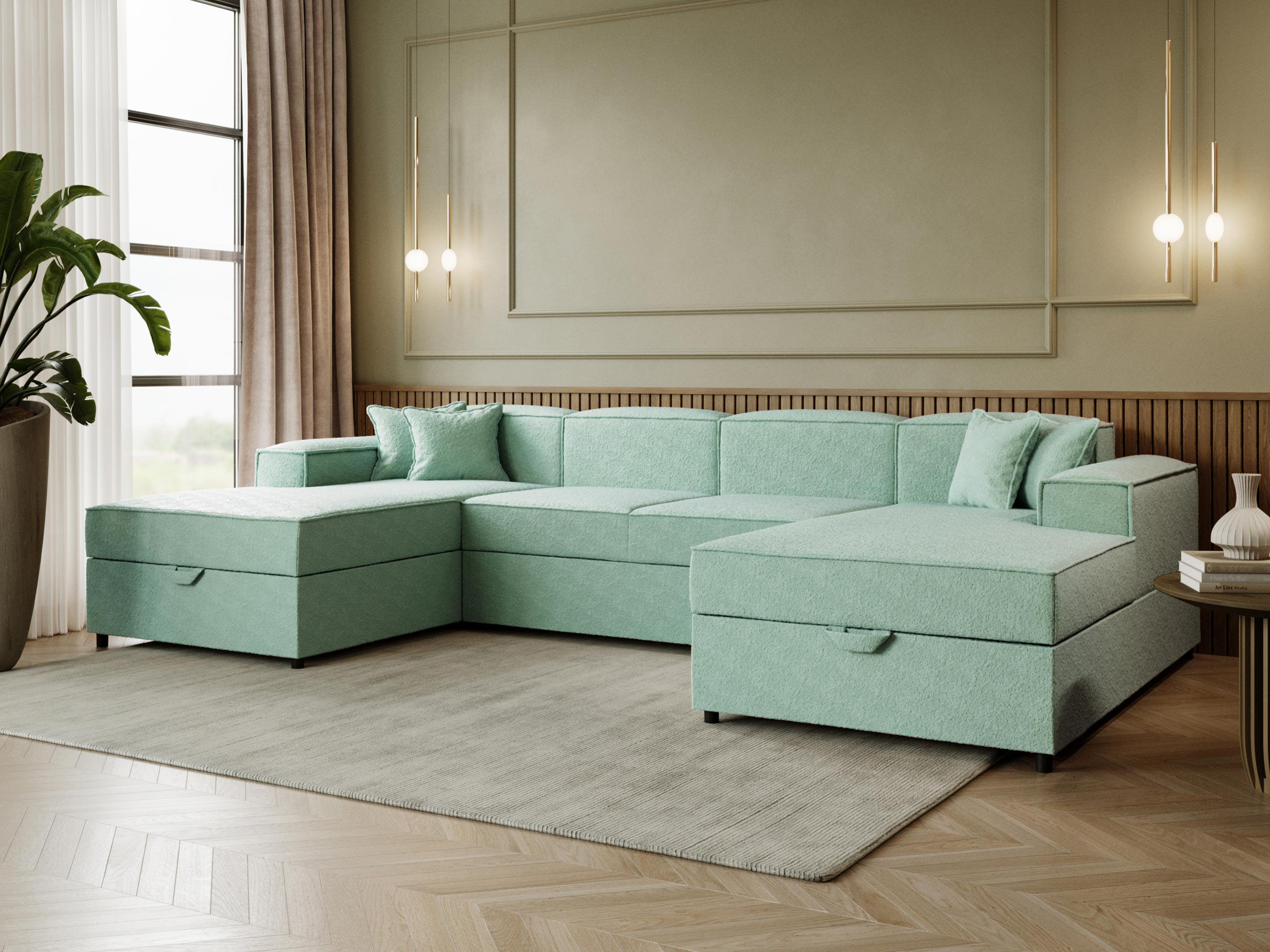 WOHNLANDSCHAFT Santos U Boucle - Schwarz/Mintgrün, Holzwerkstoff/Kunststoff (320/79/166cm) - MIRJAN24