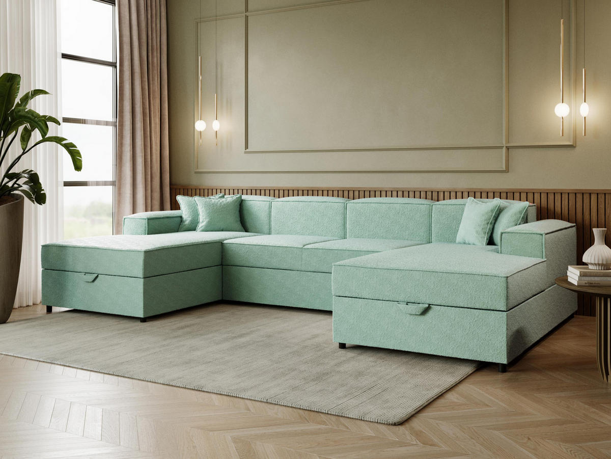WOHNLANDSCHAFT Santos U Boucle - Schwarz/Mintgrün, Holzwerkstoff/Kunststoff (320/79/166cm) - MIRJAN24