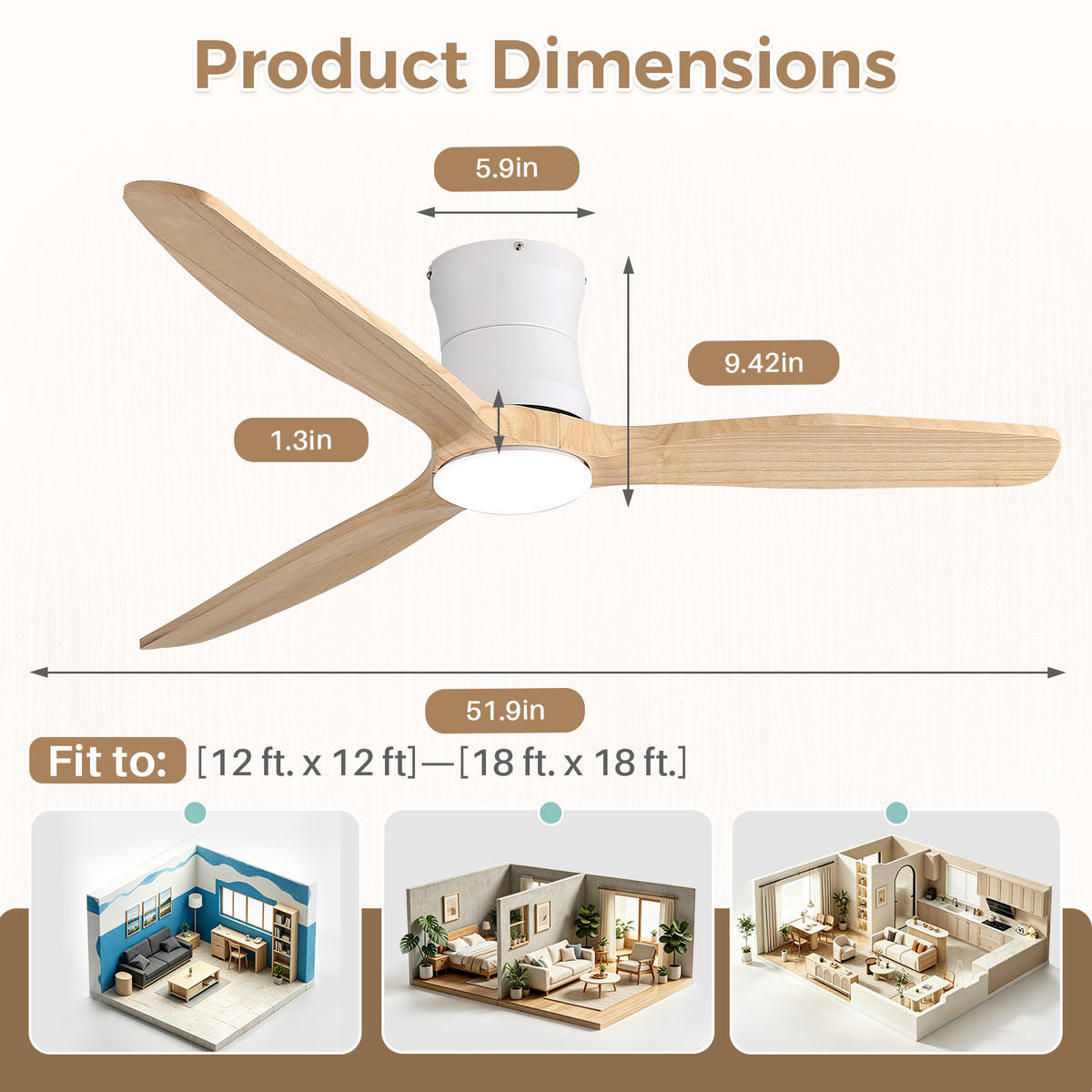 DECKENVENTILATOR 132cm Flachbau LED Licht Holzflügel DC Motor - Weiß, Kunststoff (132/132/24cm) - CASIVA