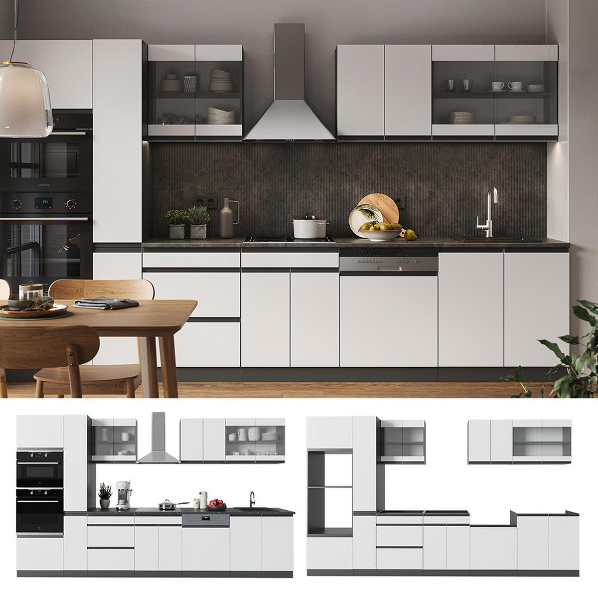 KÜCHENZEILE R-Line Weiß/Anthrazit 350 cm J-Shape mit Hochschrank ohne AP - Anthrazit/Weiß, Holzwerkstoff (350/81.6/46cm) - Vicco
