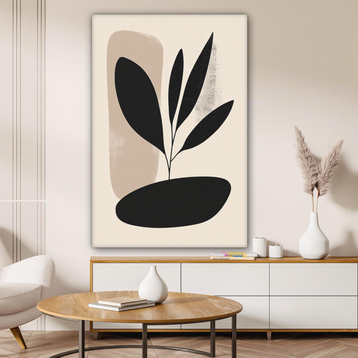 LEINWANDBILD Pflanze - Beige - Japanisch 80x120 cm - Schwarz, Textil (80/120cm) - MuchoWow