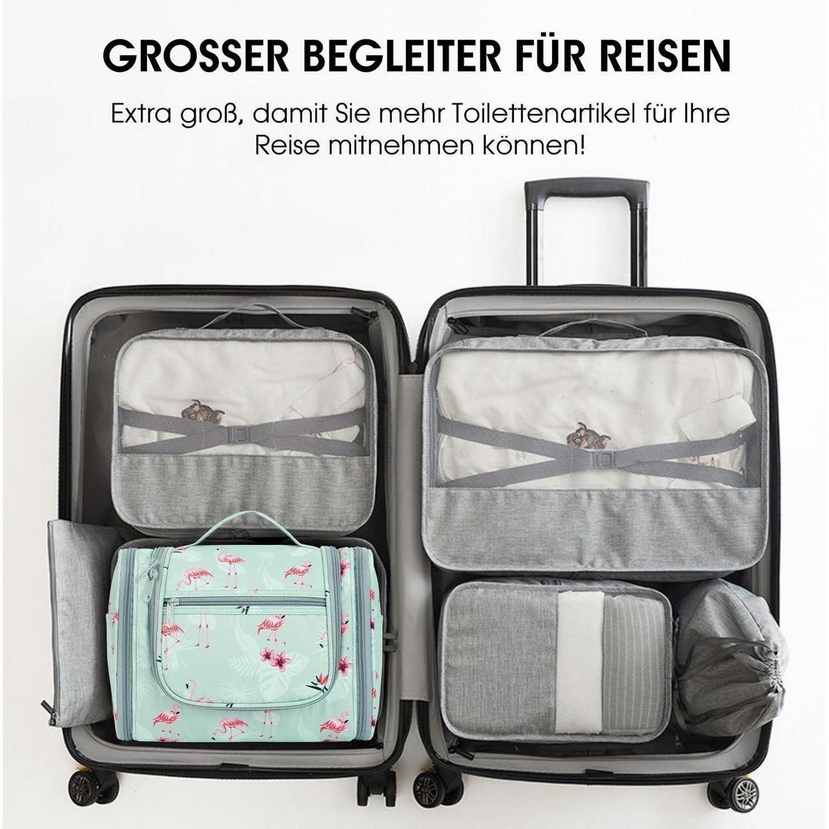KULTURTASCHE zum Aufhängen mit Flamingo-Muster, extra groß - Multicolor, Textil (5/2/5cm)