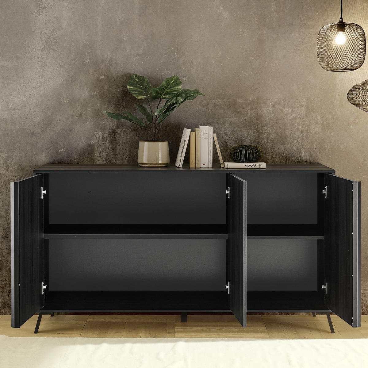 ANRICHTE mit 3 Türen L156 cm - City - Schwarz, Holzwerkstoff (40/84/156cm) - Calicosy