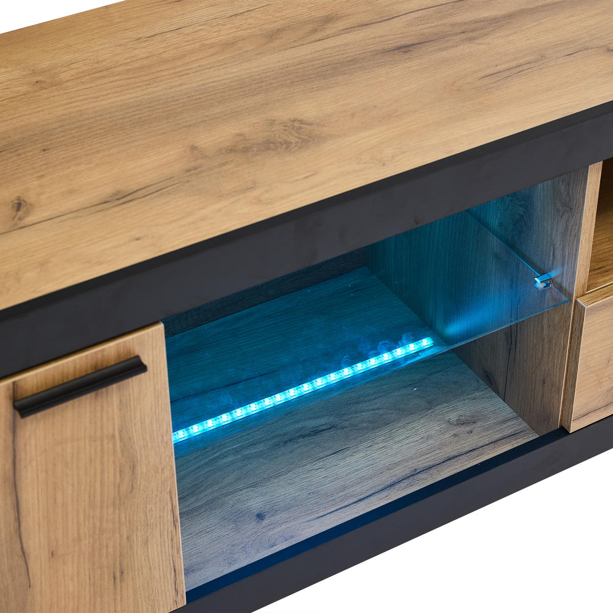 LOWBOARD TV-Ständer mit RGB LED Beleuchtung und App Steuerung, offene Fächer, 70 Zoll kompatibel Glas Schwarz - Eichefarben/Schwarz, Glas/Holzwerkstoff (160/50/40cm) - EVRYAE