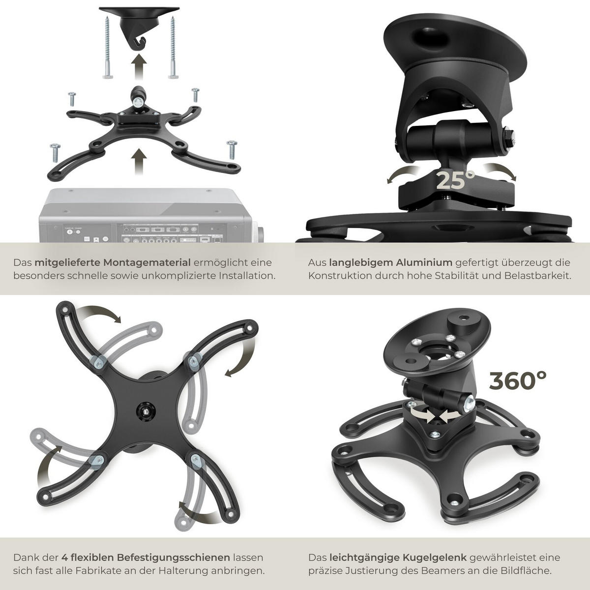 DECKENHALTERUNG für Beamer Universal, Aluminium, 360° Kugelgelenk, bis 30 kg, schwarz - Schwarz, Metall (12/0.2/23.5cm) - tectake