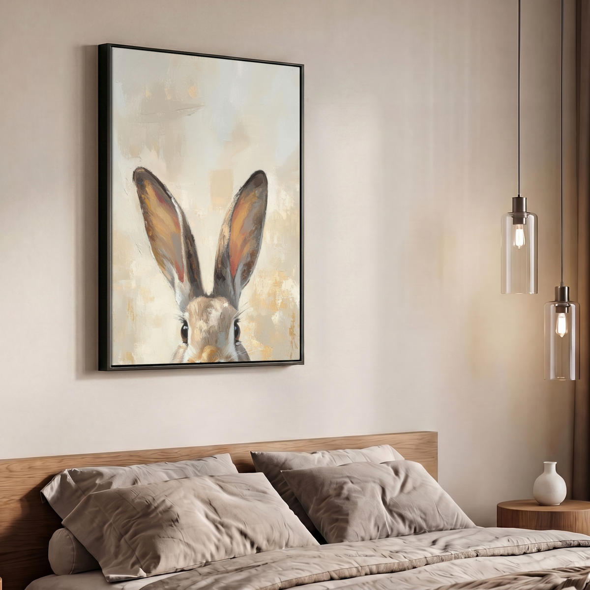 LEINWAND Bilder mit Rahmen - Hase - Ohren - Braun - 70x100 - Beige, Textil (70/100cm) - MuchoWow