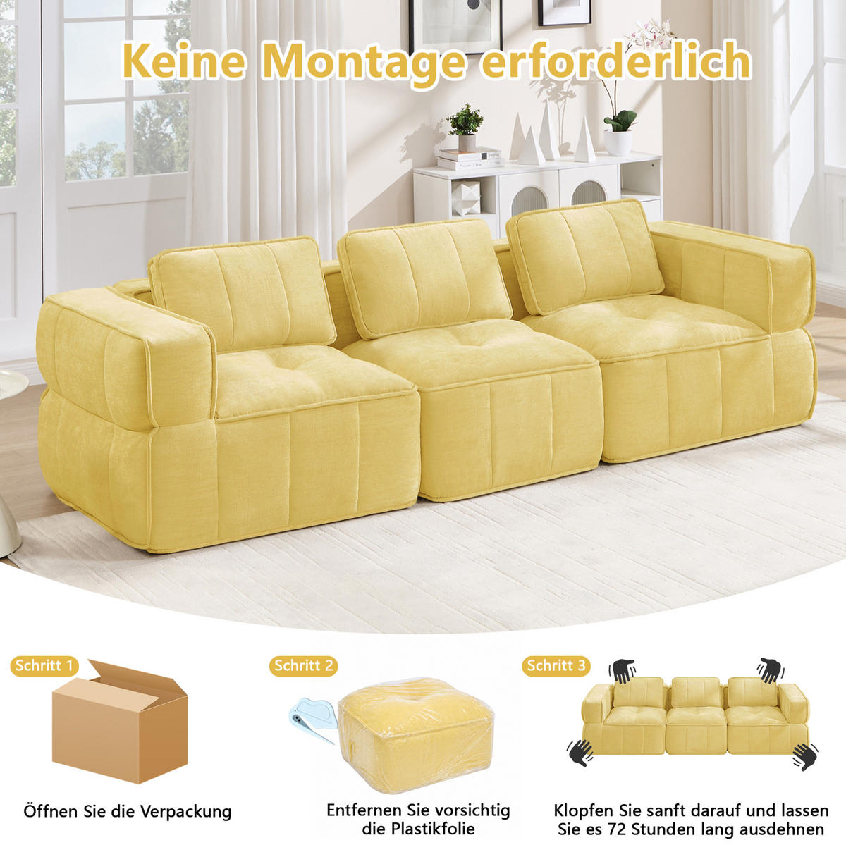 SOFA 271/93/67 cm in Gelb mit modularen Elementen und rutschfester Basis - Gelb, Kunststoff (93/67/271cm) - Flora Grace
