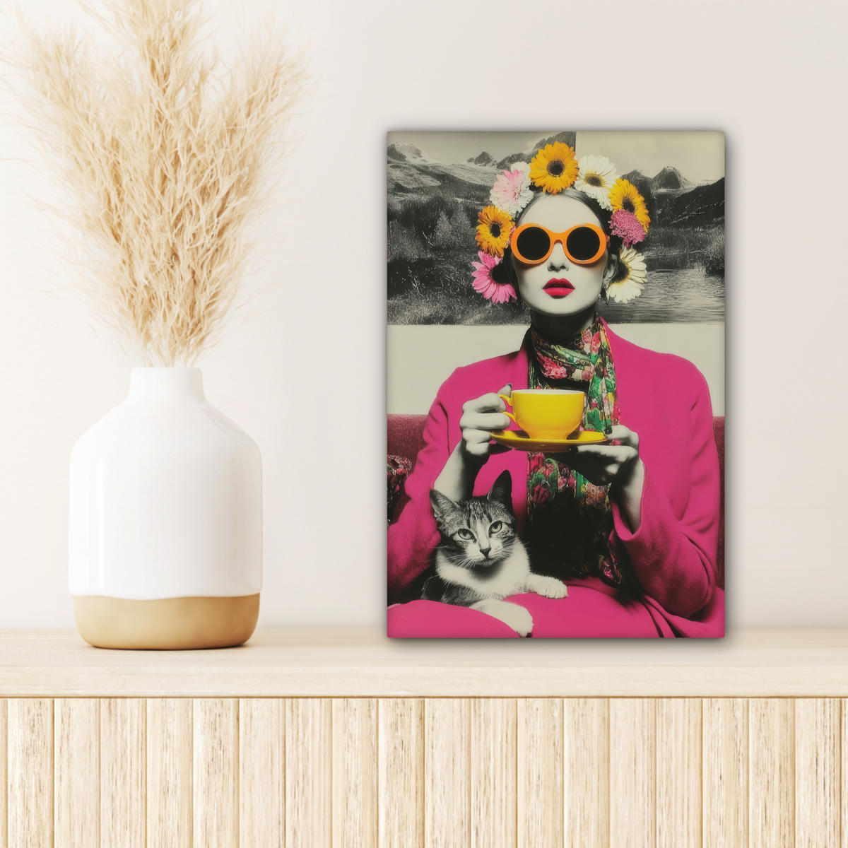 LEINWANDBILD Frau - Katze - Blumen - Tasse - Retro Deko Wohnzimmer 20x30 cm - Magenta, Textil (20/30cm) - MuchoWow