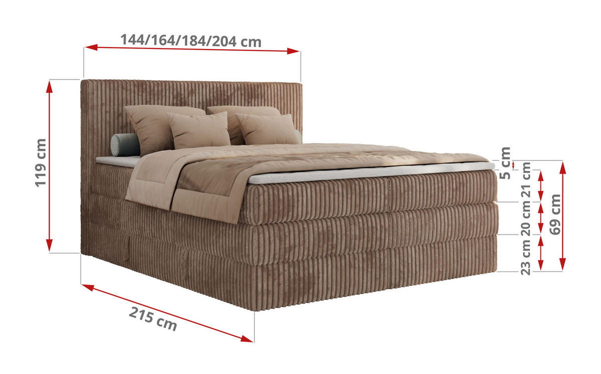BOXSPRINGBETT TILIANO KING - 200/200 - Braun Cord - H3 - Braun, Holz/Textil (200/200cm) - MKS