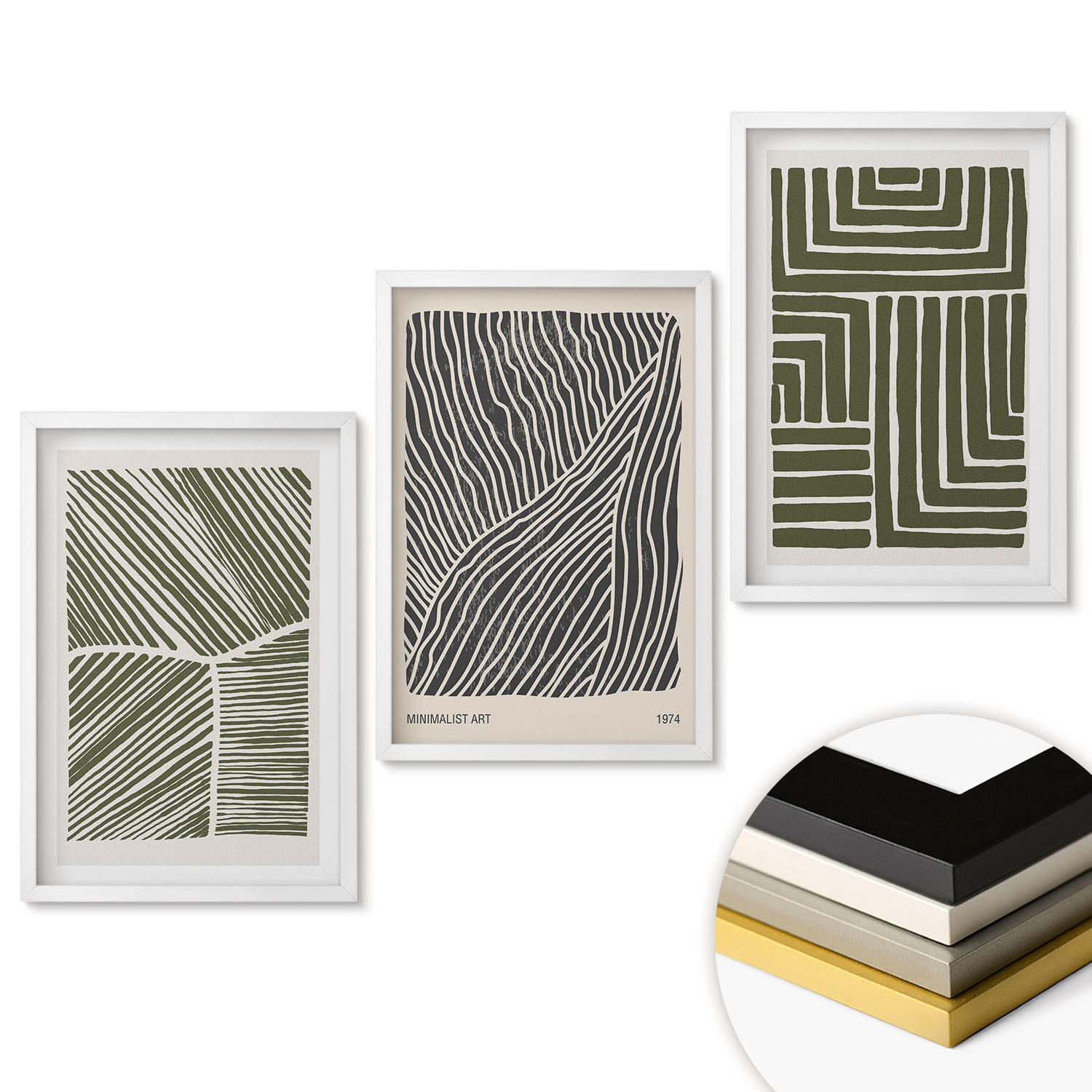 WANDBILDER 3er-Set - 40x60 cm Weißer Rahmen - Muster Linien Formen grün - Weiß, Kunststoff (40/60cm) - ArtPrintCave