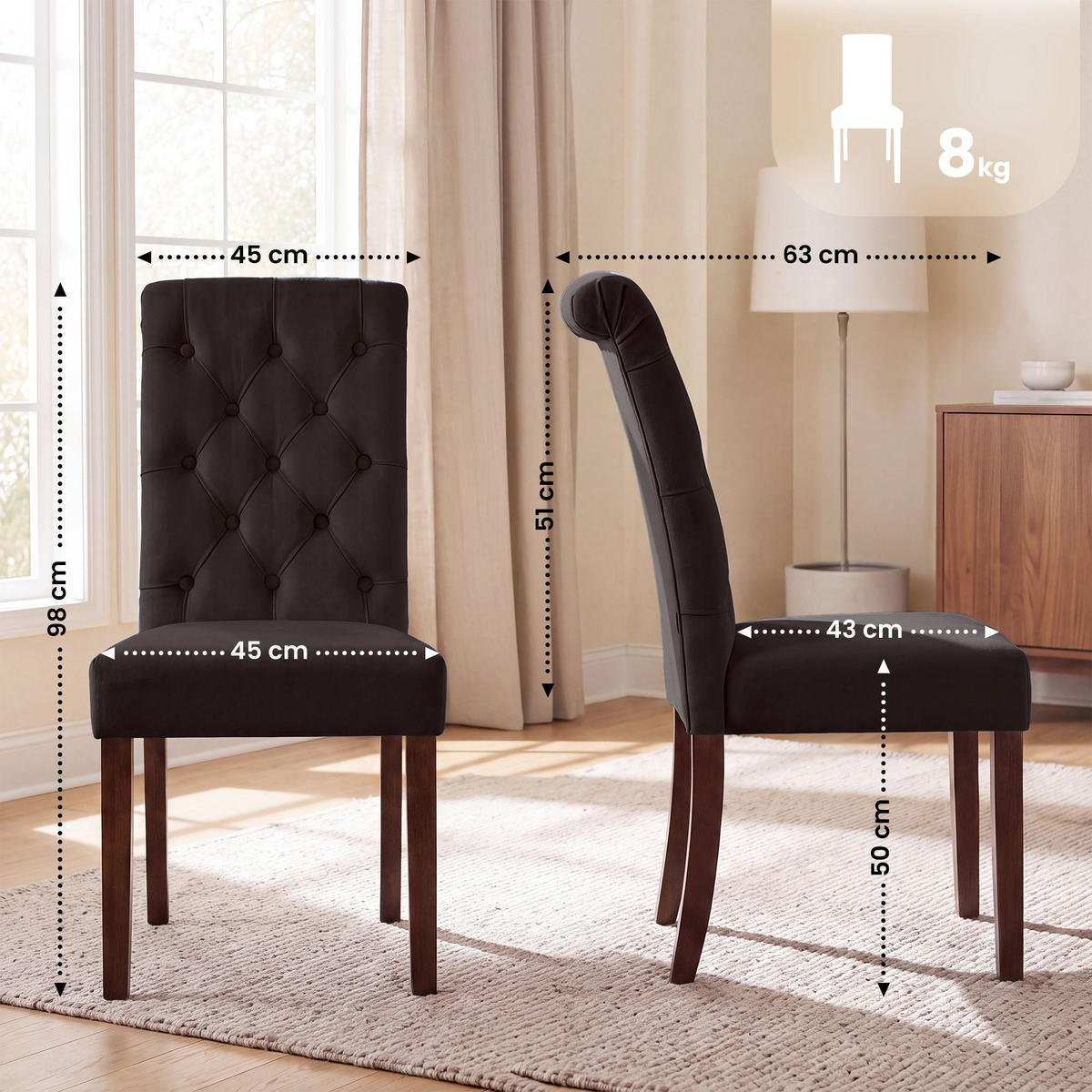 STUHL 2er Set Samt Braun - Walnussfarben/Braun, Holz/Textil (45/98/63cm) - CLP