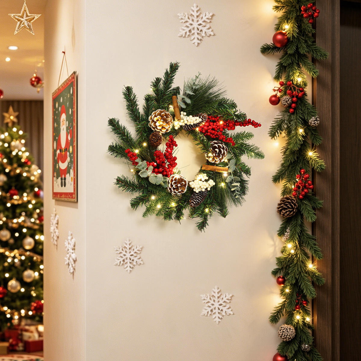 WEIHNACHTSKRANZ mit LED Beleuchtung & Timer - Dunkelgrün, Naturmaterialien (40cm) - Hometopia