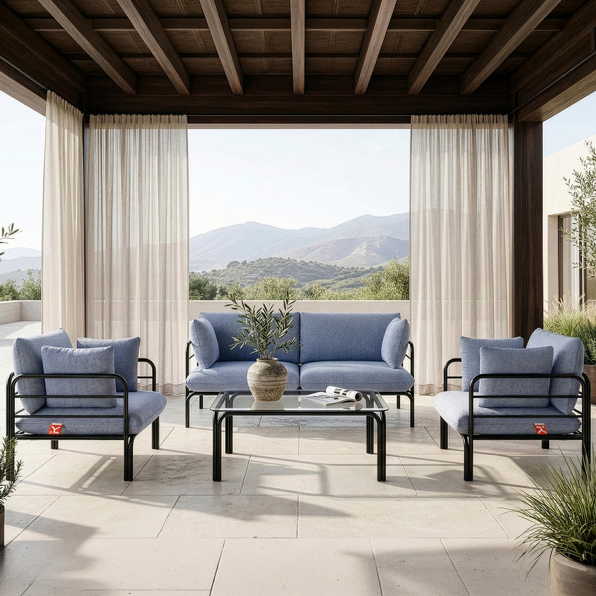 GARTENSOFA RAMBE 2-Personen mit Kissen, Anthrazit - Anthrazit/Dunkelblau, Textil/Metall (150/80/80cm) - KONSIMO®