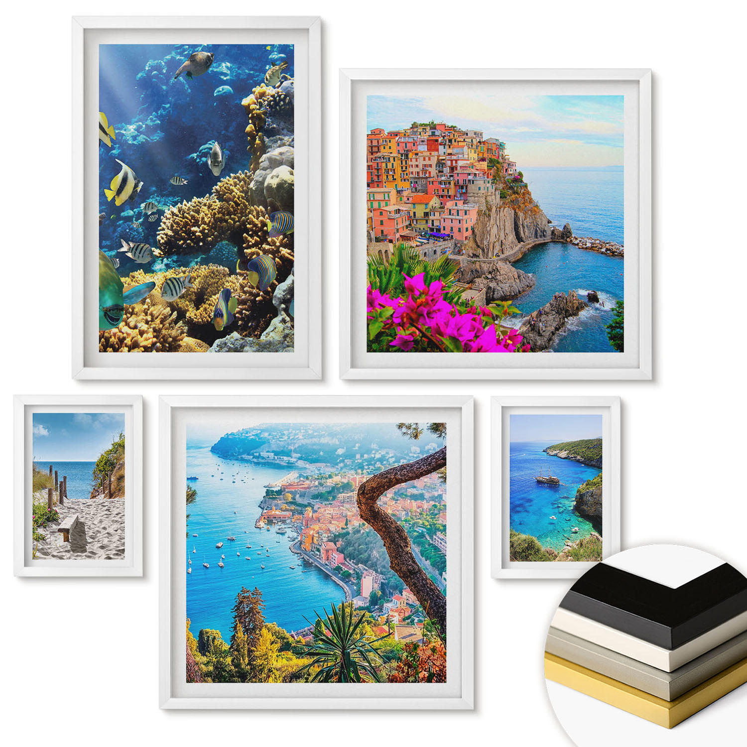 WANDBILDER 5er-Set - 50x50 cm & 20x30 cm & 40x60 cm Weißer Rahmen - Berglandschaften im Hintergrund - Weiß, Kunststoff (40/60cm) - ArtPrintCave