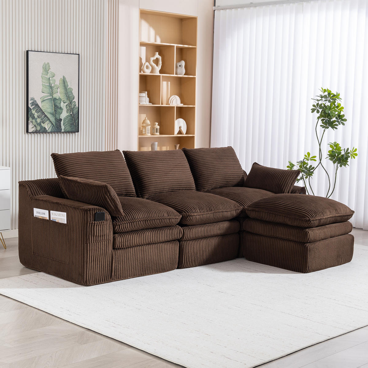 3-SITZER ECKSOFA Cord Braun mit Kissen, Hocker und Seitentaschen - Braun, Textil (263/167cm) - WISHDOR