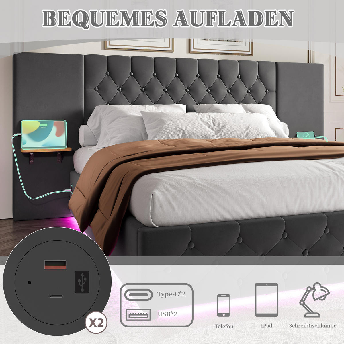 POLSTERBETT aus Samt 140x200 cm in Grau mit LED & USB & Stauraum - Grau, Textil (140/200cm) - Modfu