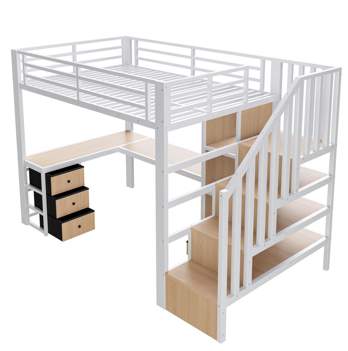 HOCHBETT 90/200 cm mit LED-Beleuchtung, Schreibtisch, Stauraumtreppe und 4 Schubladen, Metall/MDF, Weiß - Weiß, Metall (90/200cm) - Redom