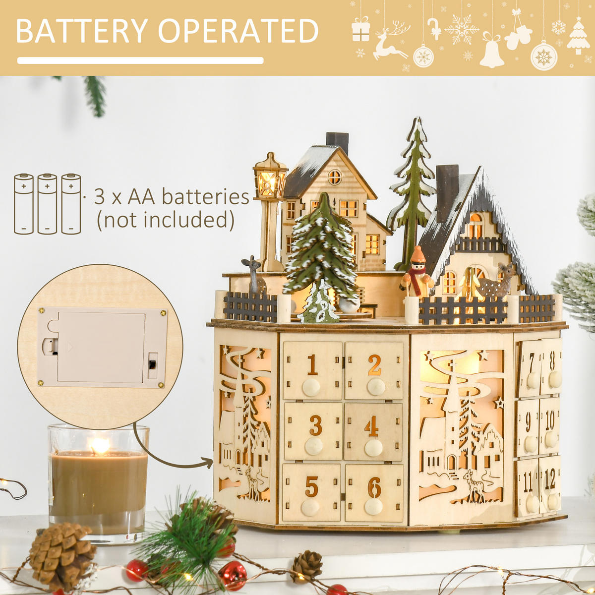 ADVENTSKALENDER Adventskalenderbox mit LED-Lichtern 24 Schubladen Natur - Naturfarben, Holz (20/29/25cm) - HOMCOM