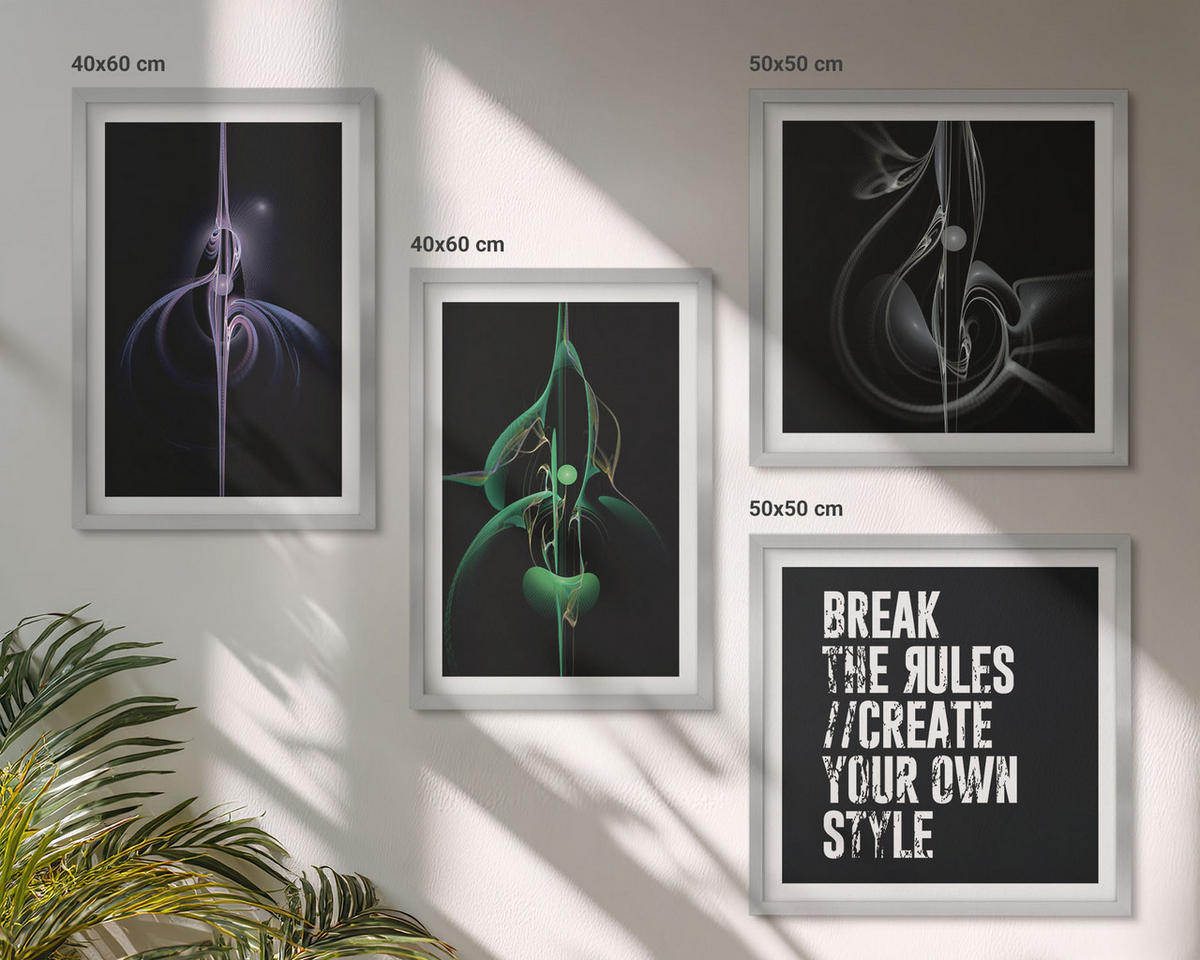 BILDER SET 4er Set - 50x50 cm & 40x60 cm Silberner Rahmen - Abstrakte schwarze Muster - Silberfarben, Kunststoff (50/50cm) - TULUP