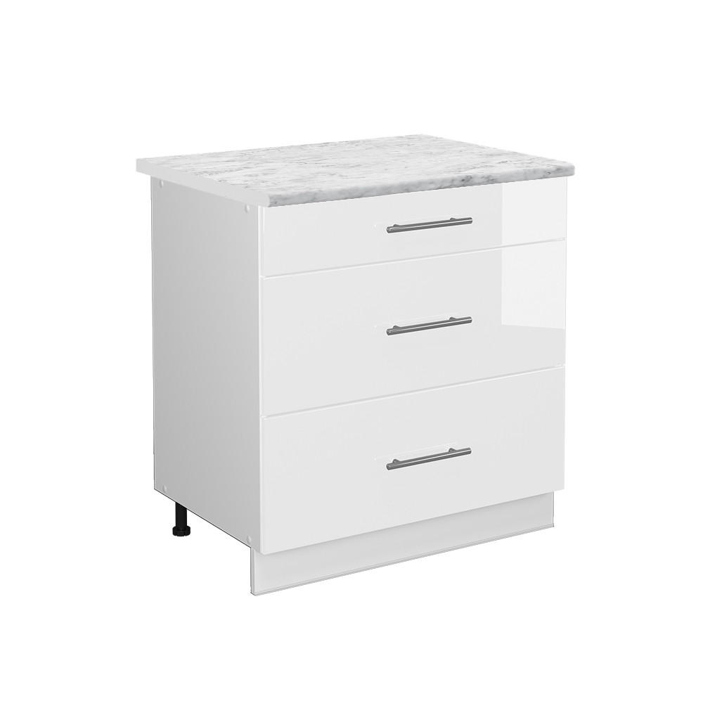 KÖKSUNDERSKÅP Fame-Line Vit högblank 80 cm med 3 lådor, AP marmor Vit högglans, Vit 82/80/60 cm