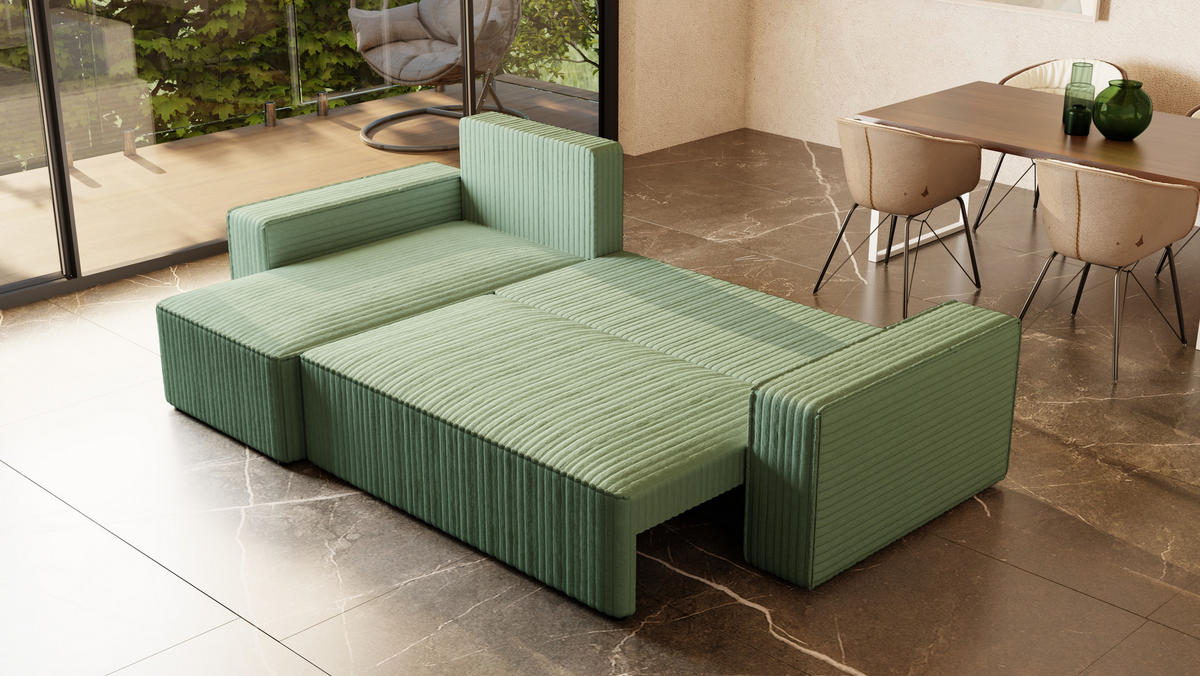 ECKSOFA Tobi mit Bettkasten und Schlaffunktion, L-Form/XL-Form, Cordstoff, Universal - Mintgrün, Holzwerkstoff (246/145cm) - 4ALL HOME